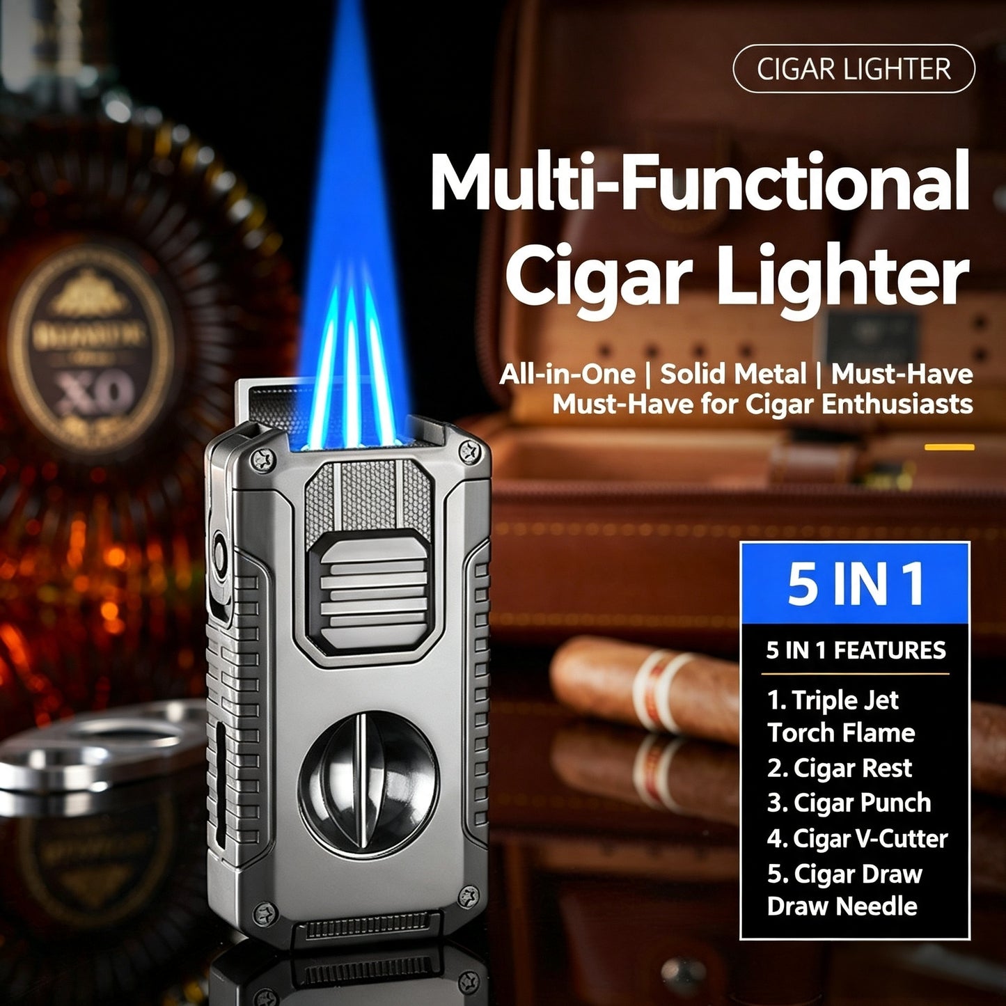 5-In-1 Windproof Cigar Lighter | Triple Jet Flame, V-Cutter, Punch, Draw Tool & Cigar Rest